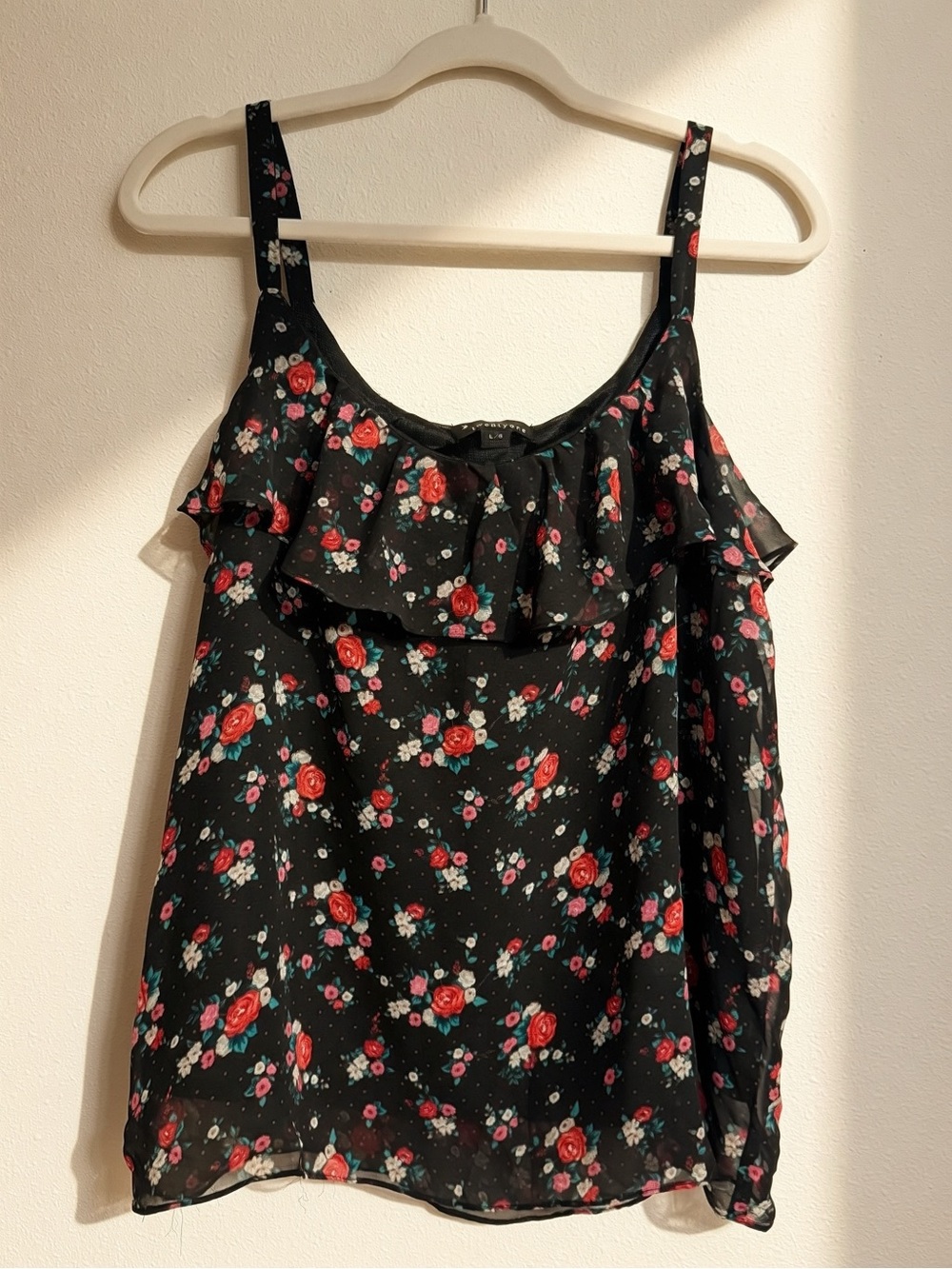 Twentytone Womens Y2K Floral Ruffle Chiffon Cami Top Size L Black Pink Coquette